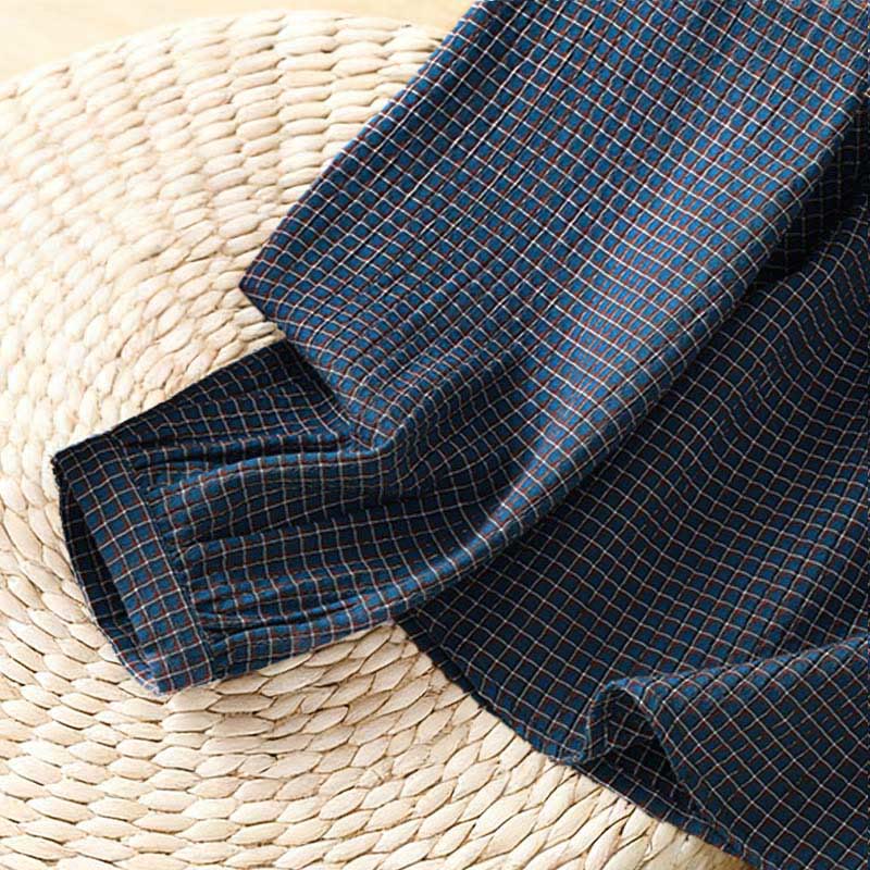 Buddha Stones Fall Blue Plaid V-Neck Buttons Design Women's Cotton Long Sleeve Shirt