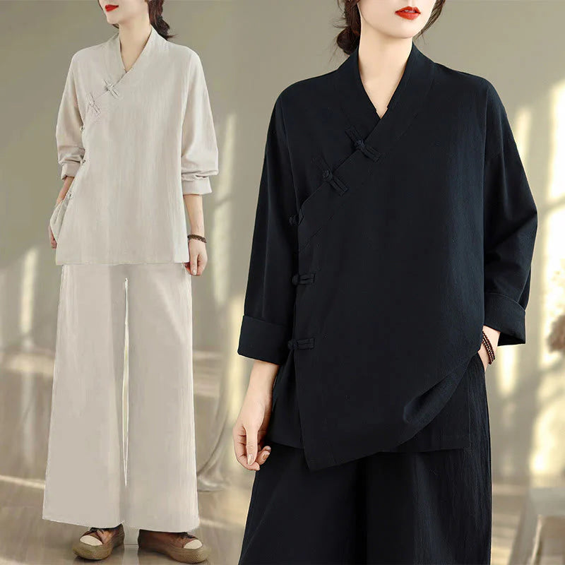 Buddha Stones 2Pcs V-Neck Long Sleeve Shirt Wide Leg Pants Zen Meditation Women's Set