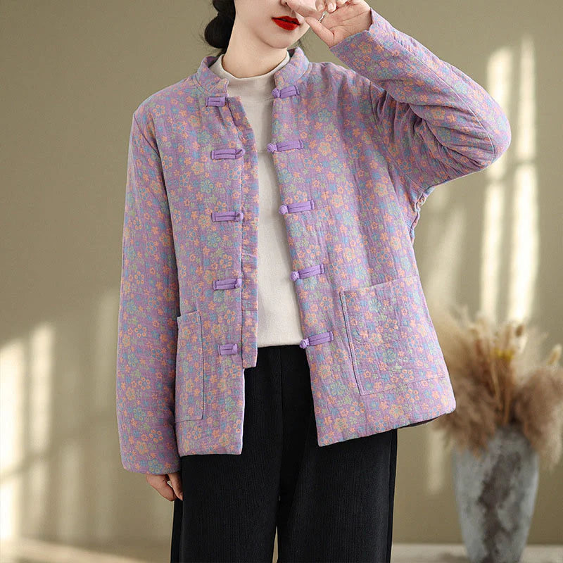 Buddha Stones Women's Winter Thicken Cotton Floral Pattern Long Sleeve Jacket With Pockets