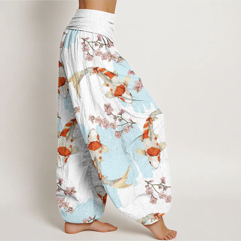 Buddha Stones Cotton Casual Koi Fish Cherry Blossom Pattern Women's Elastic Waist Harem Pants
