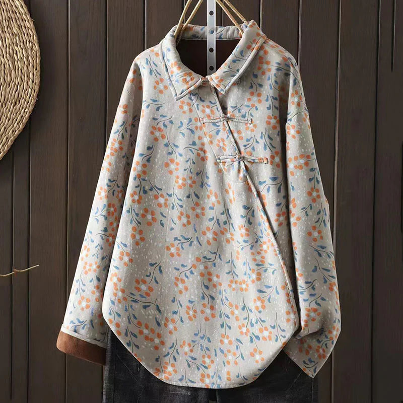 Buddha Stones Winter Flower Green Leaves Frog-Button Stand Collar Long Sleeve Women's Cotton Shirt