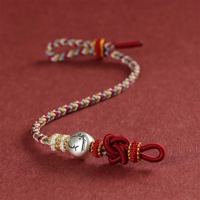 Buddha Stones Year of the Horse 999 Sterling Silver Dunhuang Color String Braided Luck Bracelet