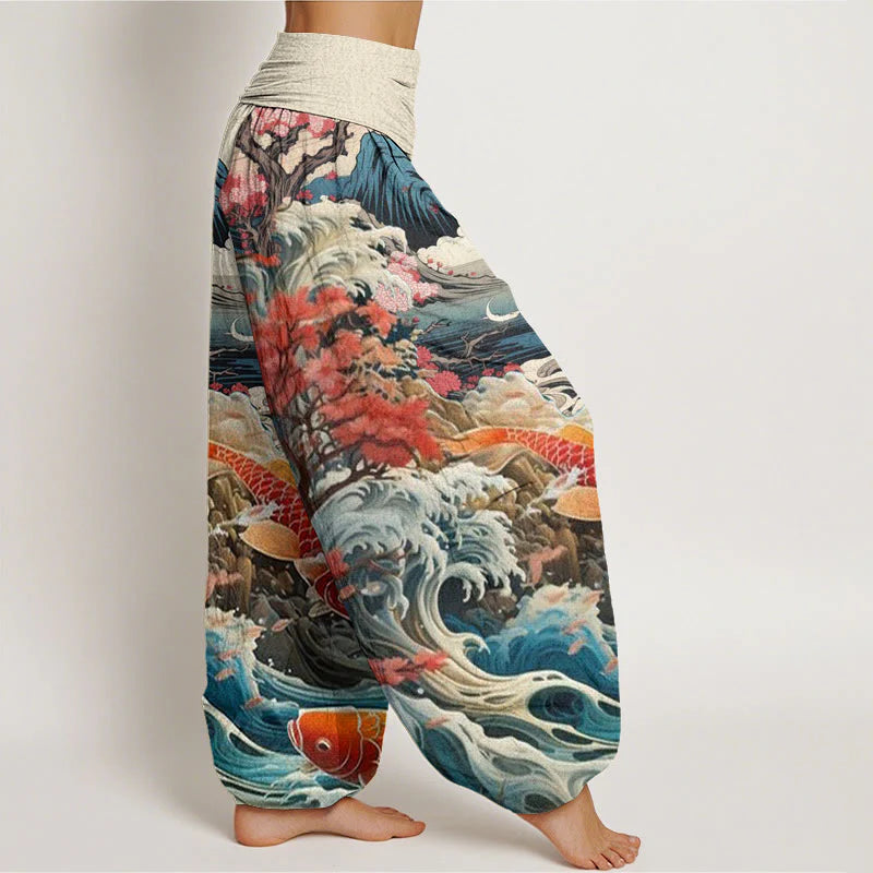 Buddha Stones Cotton Casual Blossoming Tree Koi Fish Wave Mountain Pattern Women's Elastic Waist Harem Pants