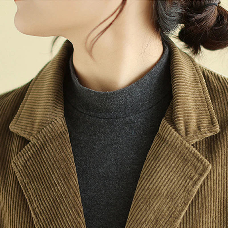 Buddha Stones Retro Plain Women's Long Sleeve Corduroy Jacket With Pockets