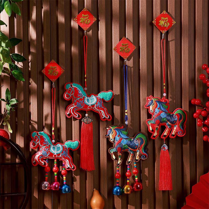 Buddha Stones Year Of The Horse Embroidery Bell Tassel Hanging Decoration