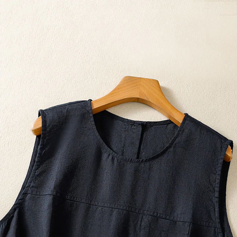 Buddha Stones Simple Crew Neck Button Design Women's Cotton Sleeveless Vest