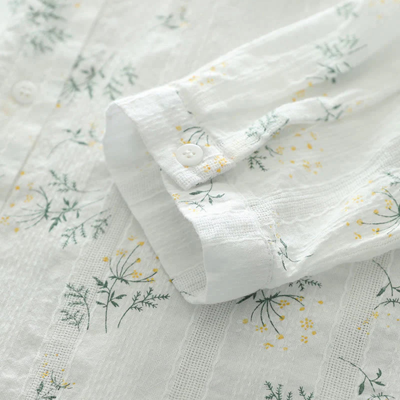 Buddha Stones Fall White Yellow Flowers Green Leaves Buttons Women's Cotton Long Sleeve Shirt