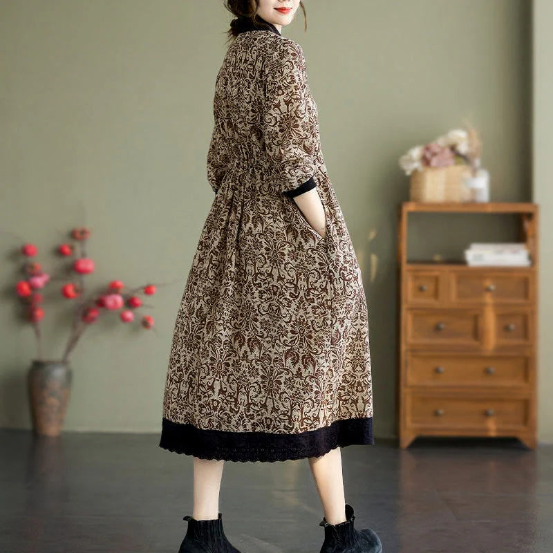 Buddha Stones Ethnic Printed Drawstring Long Sleeve Cotton Midi Dress With Pockets