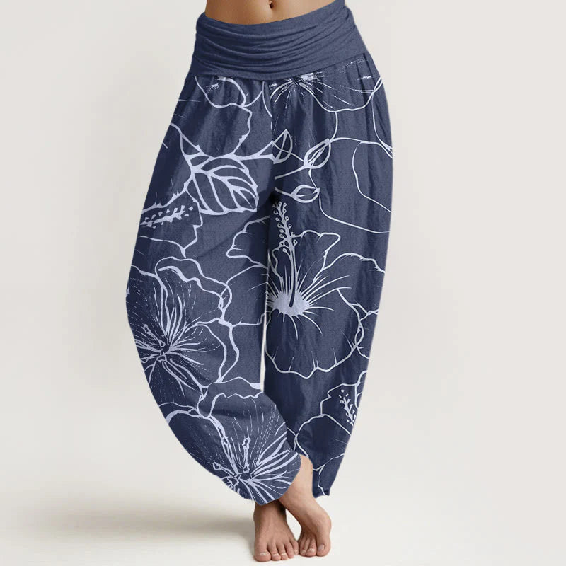 Buddha Stones Cotton Morning Glory Flowers Pattern Design Women's Elastic Waist Harem Pants