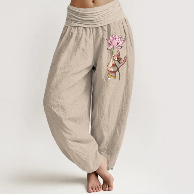 Buddha Stones Hand Holding Delicate Lotus Pattern Women's Elastic Waist Harem Cotton Pants