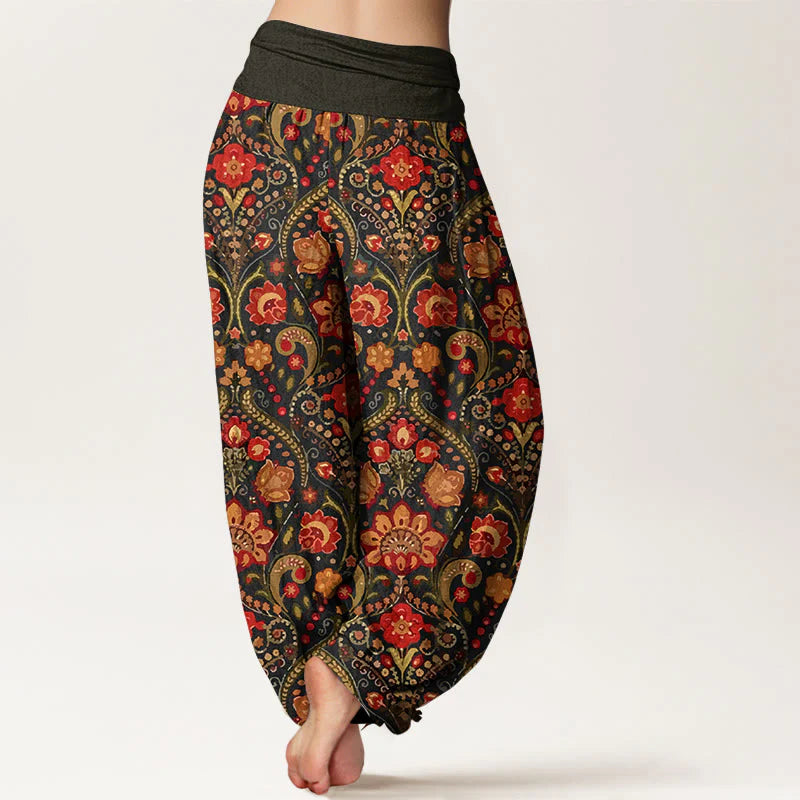 Buddha Stones Cotton Colorful Flower Leaf Scroll Pattern Women's Elastic Waist Harem Pants
