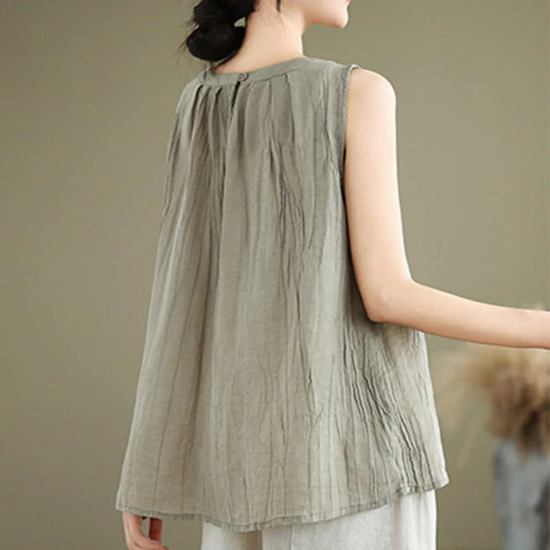 Buddha Stones Summer Wrinkles Simple Design Crew Neck Cotton Linen Women's Sleeveless Vest Waistcoat