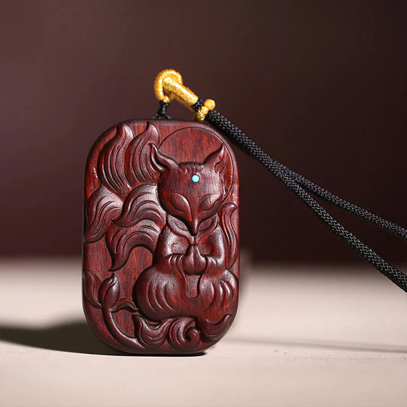Buddha Stones Small Leaf Red Sandalwood Nine Tailed Fox Pattern Longevity Necklace Pendant (Extra 35% Off | USE CODE: FS35)