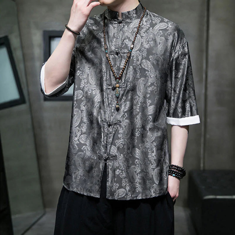 Buddha Stones Summer Cashew Flowers Pattern Men's Frog-Button Half Sleeve Shirts