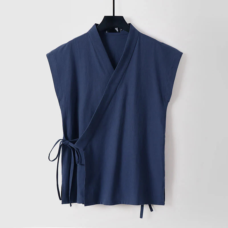 Buddha Stones Summer Solid Color V-Neck Sleeveless Men's Cotton Linen Vest
