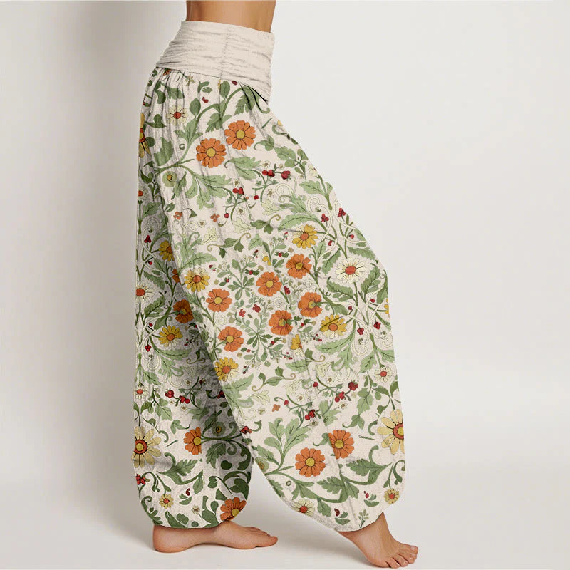 Buddha Stones Pure Cotton Colorful Flowers Vines Women's Elastic Waist Harem Pants