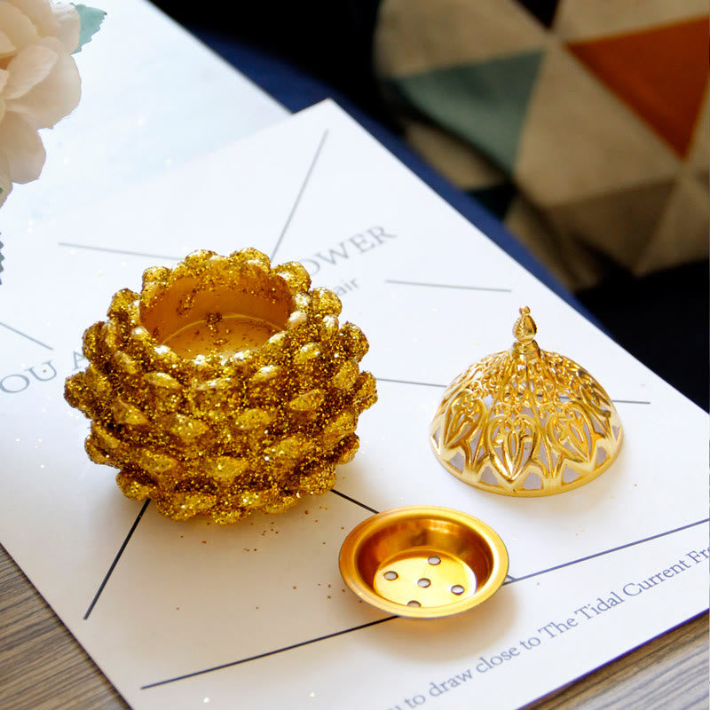 Buddha Stones Gold Pine Cone Pattern Spiritual Rituals Mini Incense Burner Home Tabletop Decor