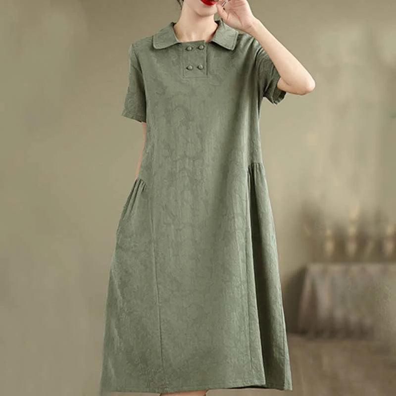 Buddha Stones Plain Jacquard Lapel Cotton Linen Short Sleeve Midi Dress With Pockets