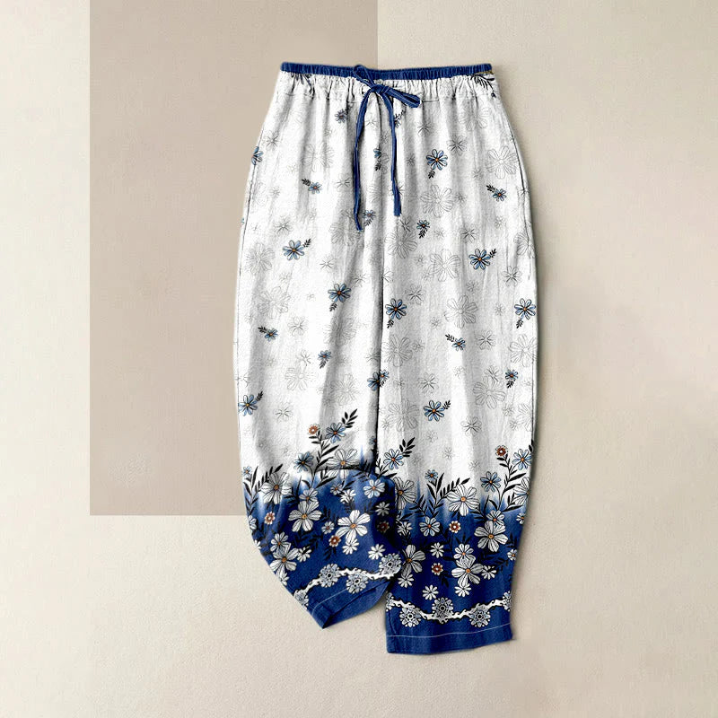Buddha Stones Pure Cotton Daisy Pattern Women's Elastic Waist Pants With Pockets