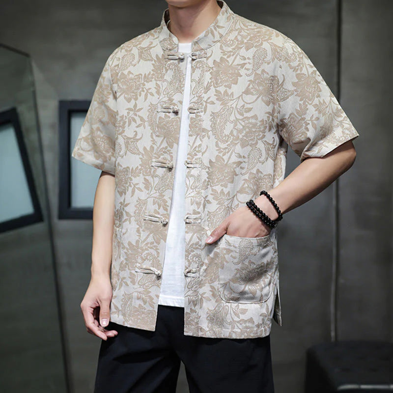 Buddha Stones Casual Jacquard Paisley Flower Plant Pattern Frog-Button Design Men's Cotton Shirt Cardigan With Pockets