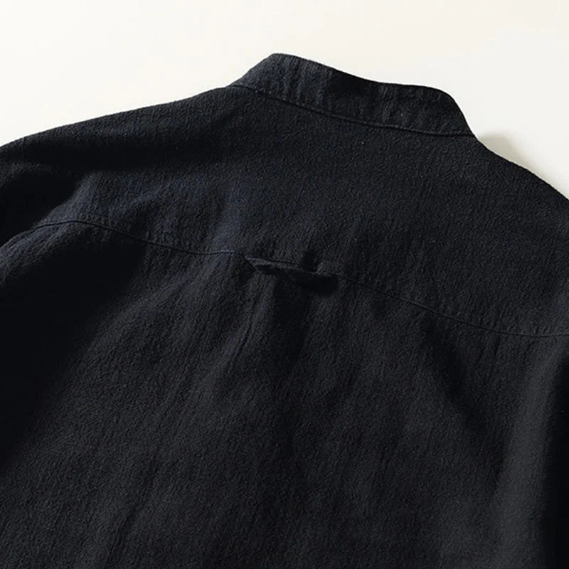 Buddha Stones Fall Solid Long Sleeve Buttons Men's Ramie Cotton Shirt With Pockets