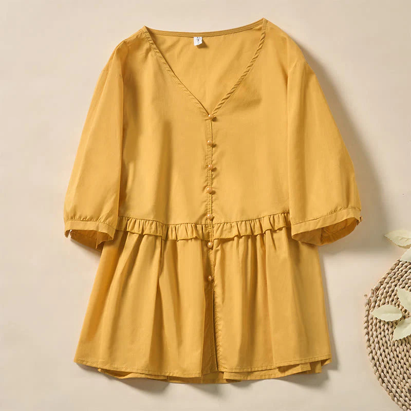 Buddha Stones Summer Solid Color V-Neck Decorative Buttons Design Women's Short Sleeve Shirt