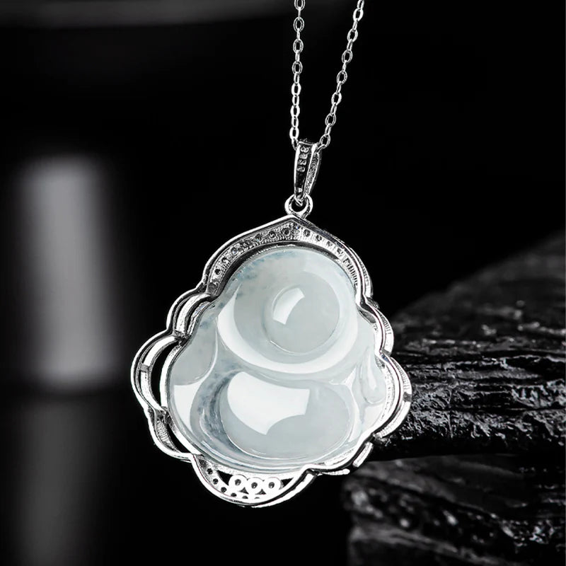 Buddha Stones Laughing Buddha Natural Jade Abundance Titanium Steel Chain Necklace Pendant