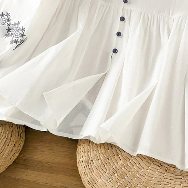 Buddha Stones Embroidery Pleated Buttons Long Lantern Sleeve Women's Cotton Shirt
