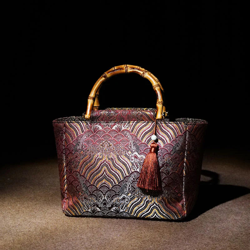Buddha Stones Mountain Seawater Wave Pattern Bamboo Handle Bead Tassel Hangbags