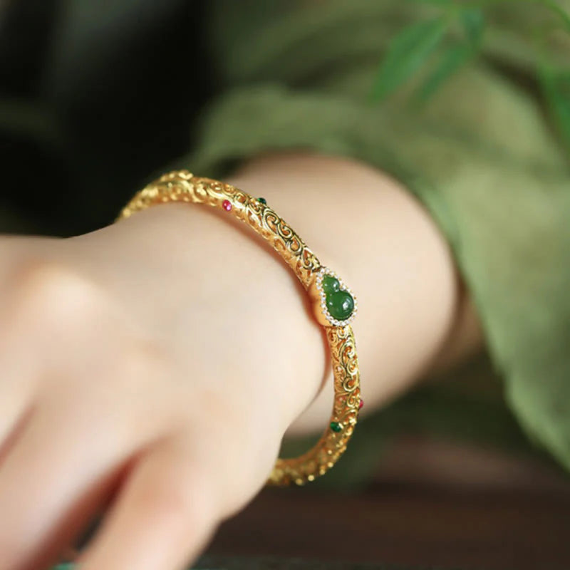 FREE Today: Healing and Harmony Cyan Jade Copper Plated Gold Auspicious Clouds Gourd Bracelet Bangle