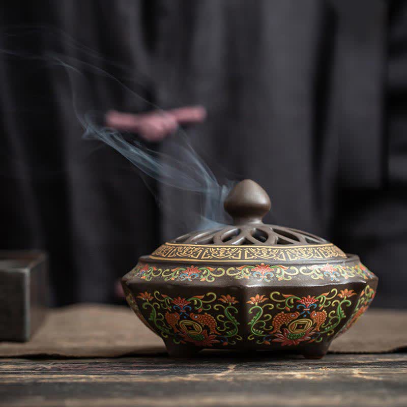 Buddha Stones Tibetan Floral Pattern Ceramic Blessing Incense Burner Decoration (Extra 35% Off | USE CODE: FS35)