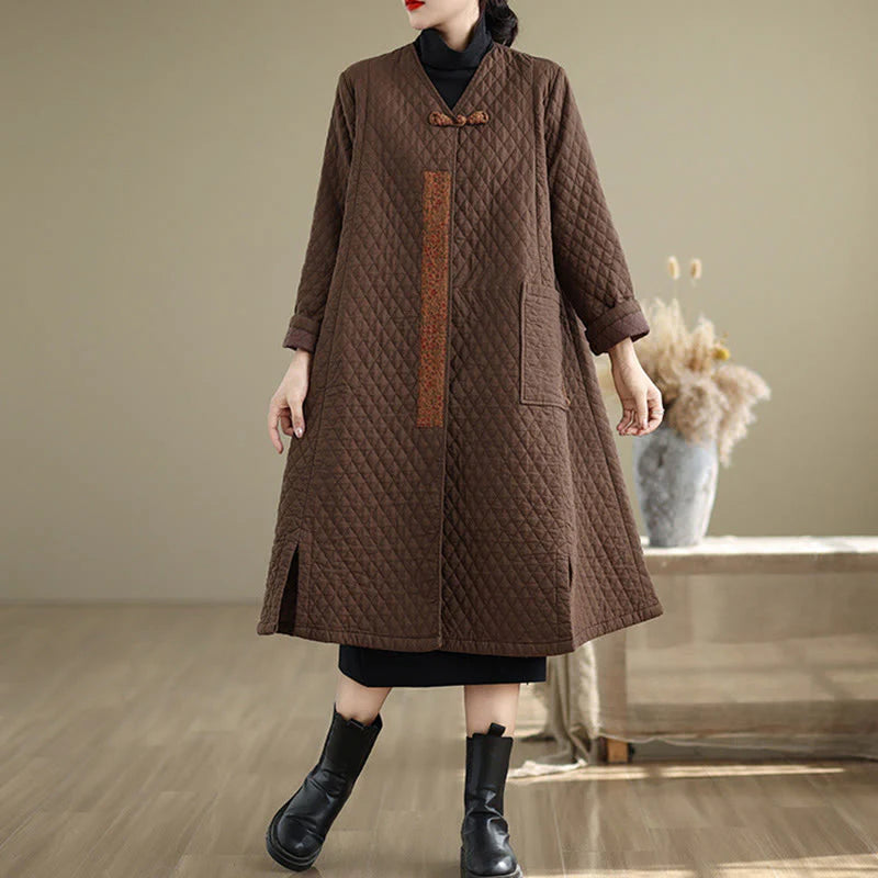Buddha Stones Diamond Pattern Mid-length Women's Cotton Coat With Pockets