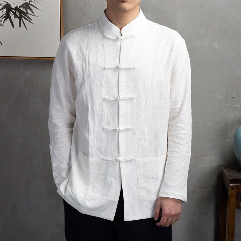 Buddha Stones Solid Color Casual Frog-button Men's Shirt Clothing