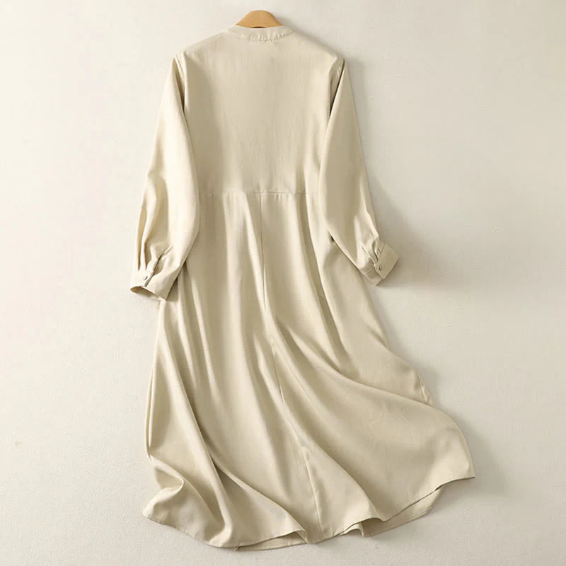Buddha Stones Plain Lace-up Long Sleeve Half Buttons Design High Neck Women's Cotton Midi Dress With Pockets