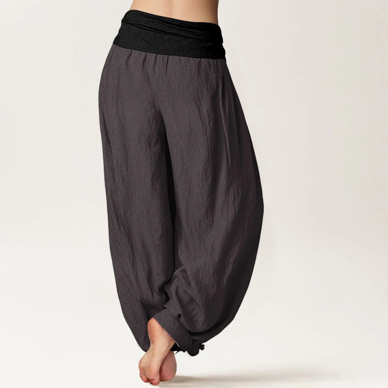 Buddha Stones Cotton Blue Black Gray Solid Color Women's Elastic Waist Harem Pants