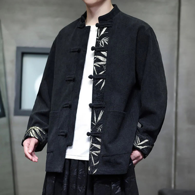 Buddha Stones Fall Bamboo Frog-Button Long Sleeve Men's Corduroy Cotton Jacket With Pockets