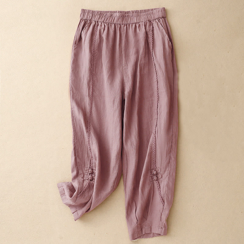 Buddha Stones Summer Frog-Button Lace High Waist Women's Cotton Linen Pants With Pockets