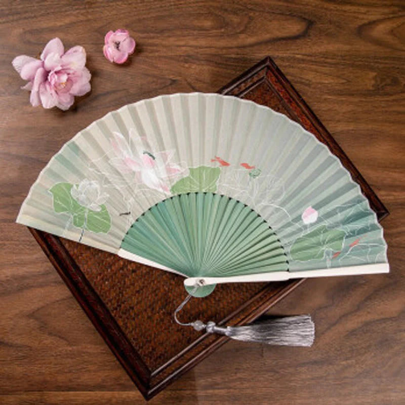 Buddha Stones Jasmine Lotus Begonia Flowers Handheld Bamboo Folding Fan (Extra 30% Off | USE CODE: FS30)