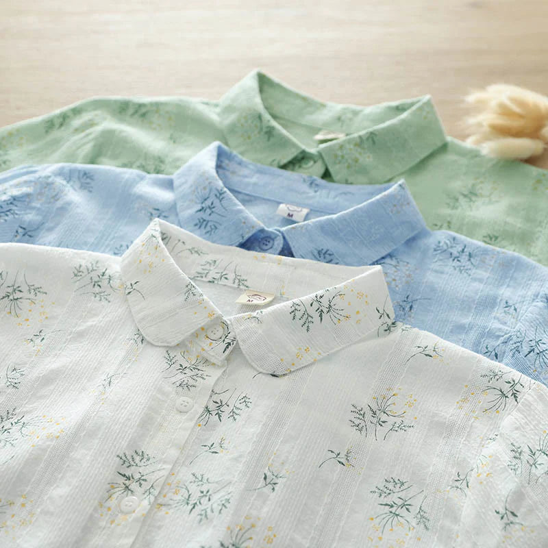 Buddha Stones Fall White Yellow Flowers Green Leaves Buttons Women's Cotton Long Sleeve Shirt