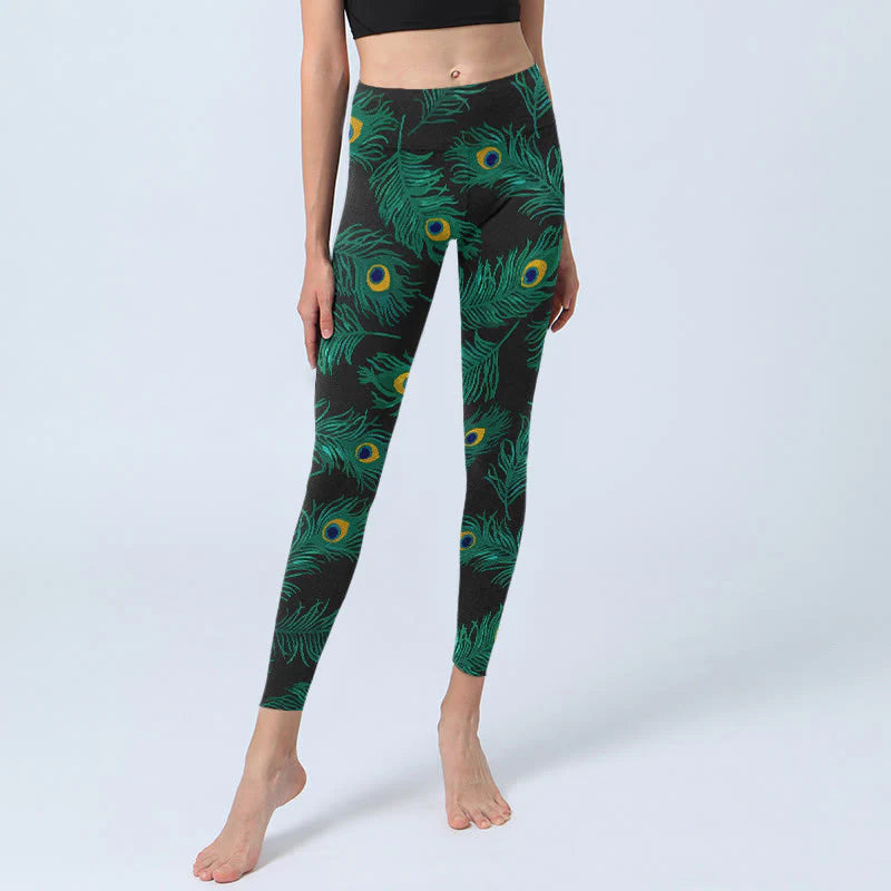 Buddha Stones Retro Peacock Feather Pattern Print Gym Leggings Women's Yoga Pants