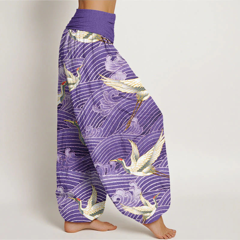 Buddha Stones Cotton Casual Crane Ocean Waves Pattern Elastic Waist Women's Harem Pants