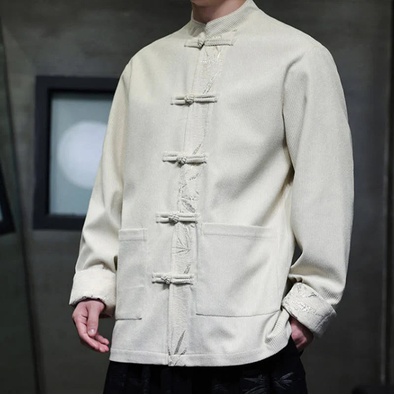 Buddha Stones Fall Bamboo Frog-Button Long Sleeve Men's Corduroy Cotton Jacket With Pockets