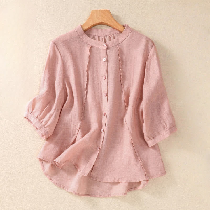 Buddha Stones Casual Daily Plain Button Ruffled Design Stand Collar Women's Cotton Linen Three Quarter Sleeve Shirt Cardigan