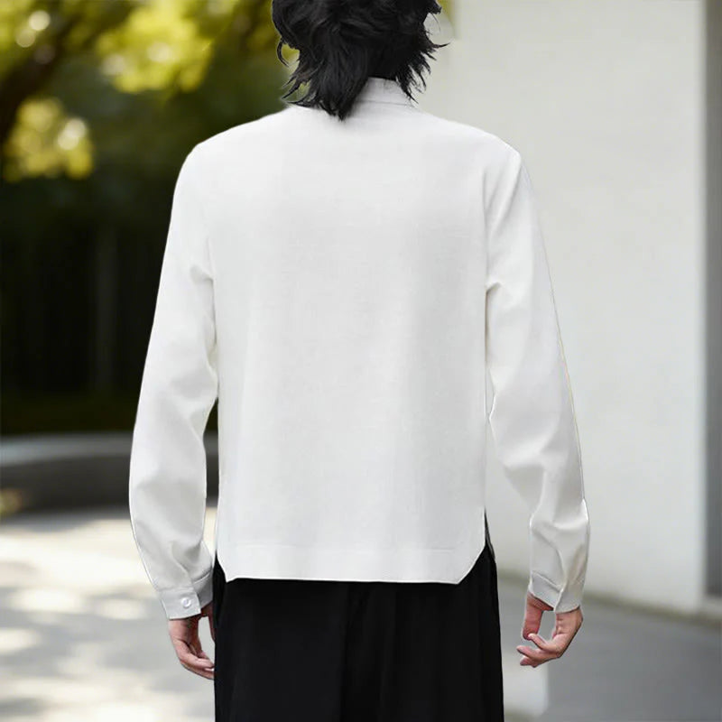 Buddha Stones Fall Solid Color White Men's Long Sleeve Cotton Linen Shirt Corduroy Kimono