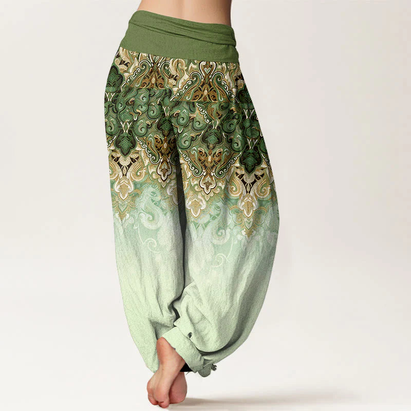Buddha Stones Paisley Floral Gradient Design Women's Pure Cotton Elastic Waist Harem Pants