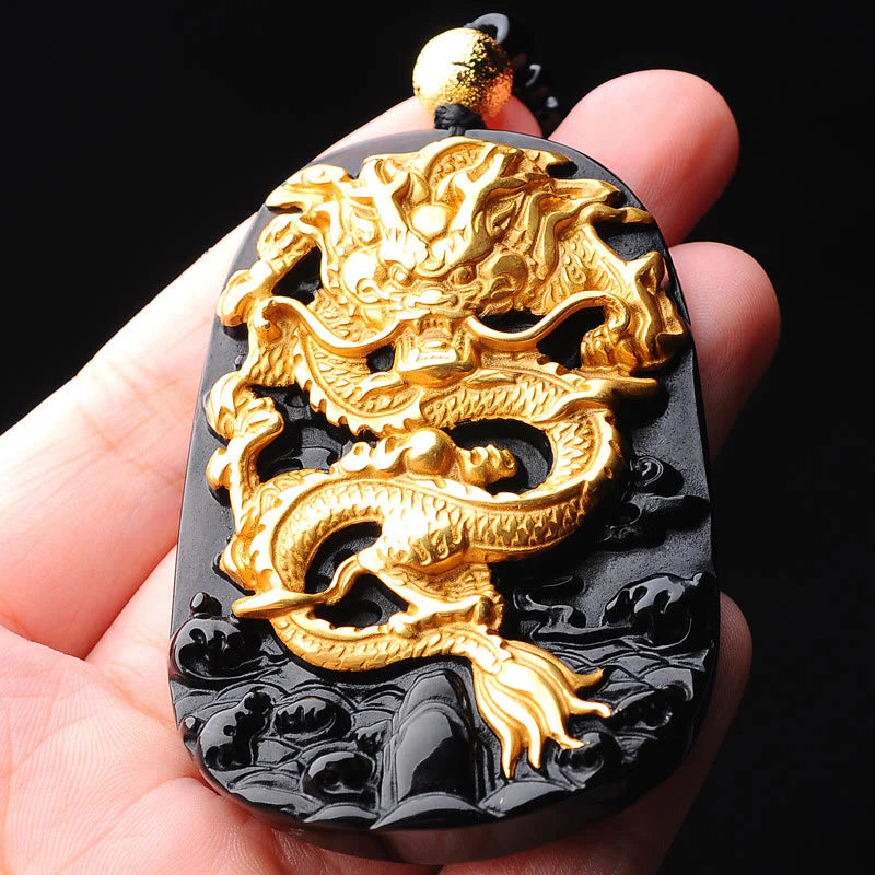 Buddha Stones 18k Gold-plated Dragon Obsidian Lucky Pendant Necklace