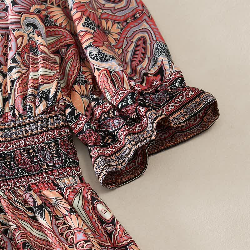 Buddha Stones Summer Peacock Paisley Tie Waist Viscose Lantern Sleeves Maxi Dress