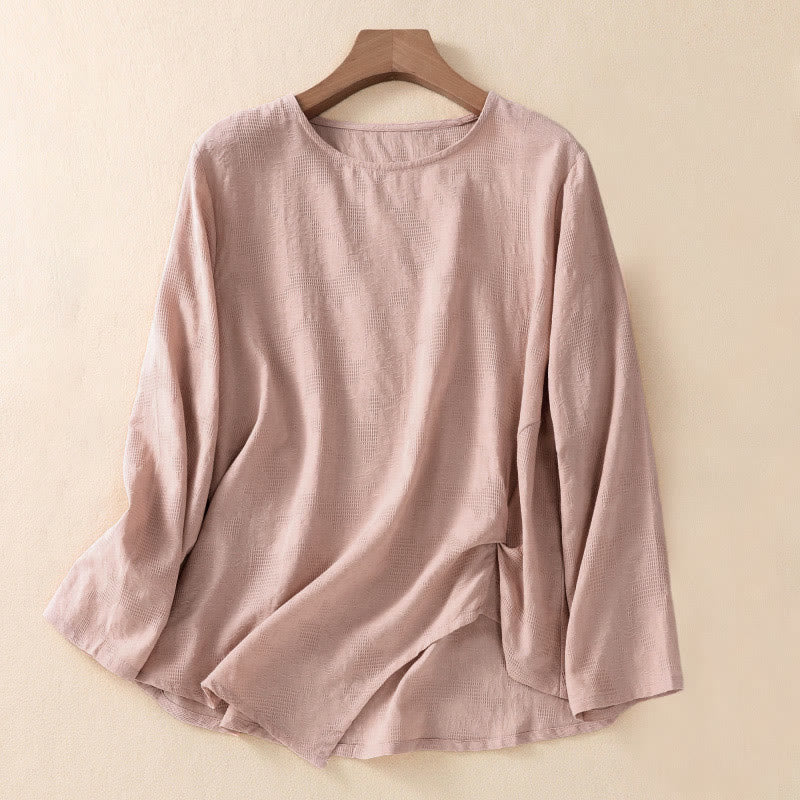 Buddha Stones Jacquard Irregular Hem Pleated Design Women's Cotton Long Sleeve Shirt