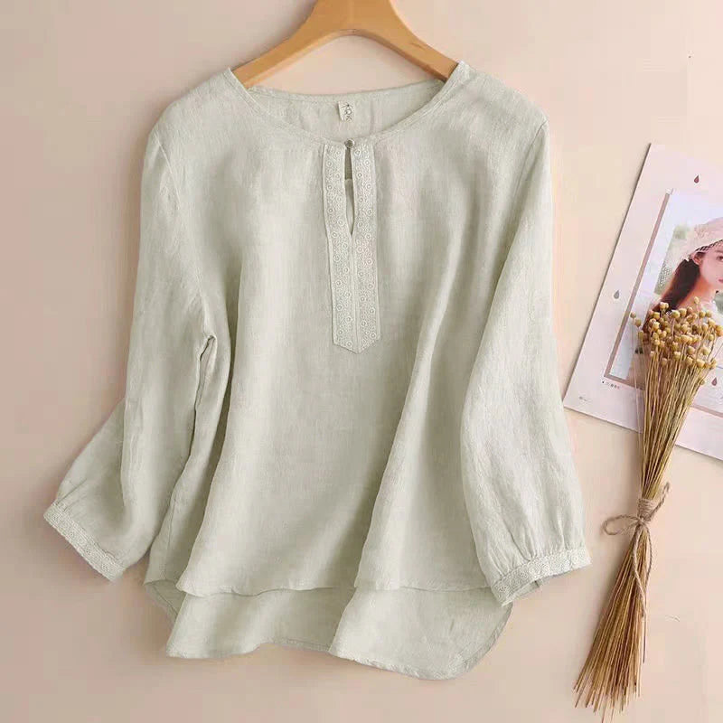 Buddha Stones Casual Plain Women's Hollow Crew Neck Design Three Quarter Sleeve Shirt