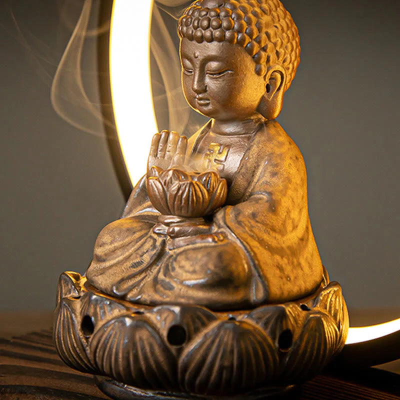 Buddha Stones Buddha Lotus Backflow Smoke Fountain Ceramic Blessing Incense Burner With Light Decoration